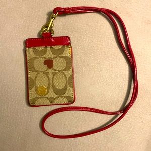NWT Authentic Coach Badge Holder with Red Leather Lanyard Heart Monogram